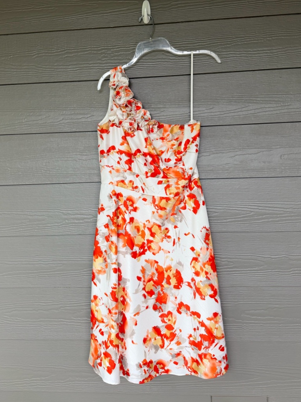 Tahari One-Shoulder Orange Floral A-Line Dress Size 8